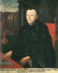 der 41. Abt, Ildephons Rem (Rehm), im Hintergrund eine Ansicht von Schloss Eggen